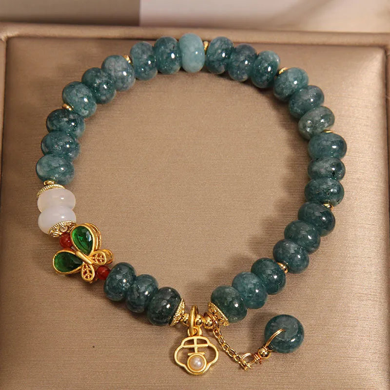 Natural blue water jade abacus beads crystal bracelet with white agate butterfly charm and rhinestones on alloy inlay