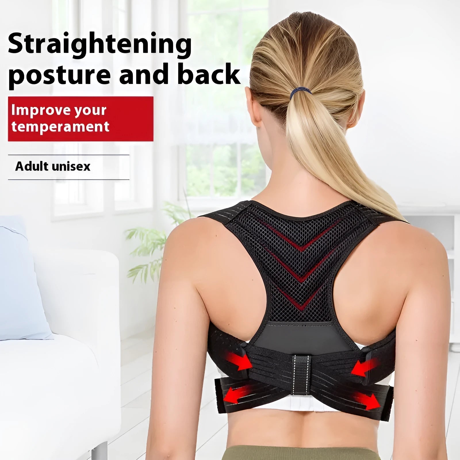 Black adjustable anti-humpback posture correction belt for back and shoulder support