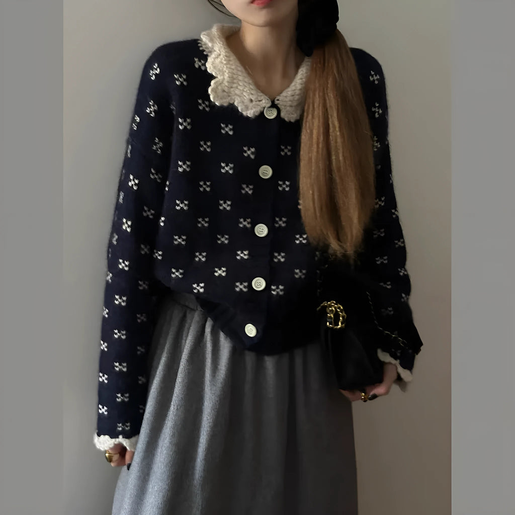 Retro Peter Pan collar floral pattern knitted cardigan coat in polyester fabric