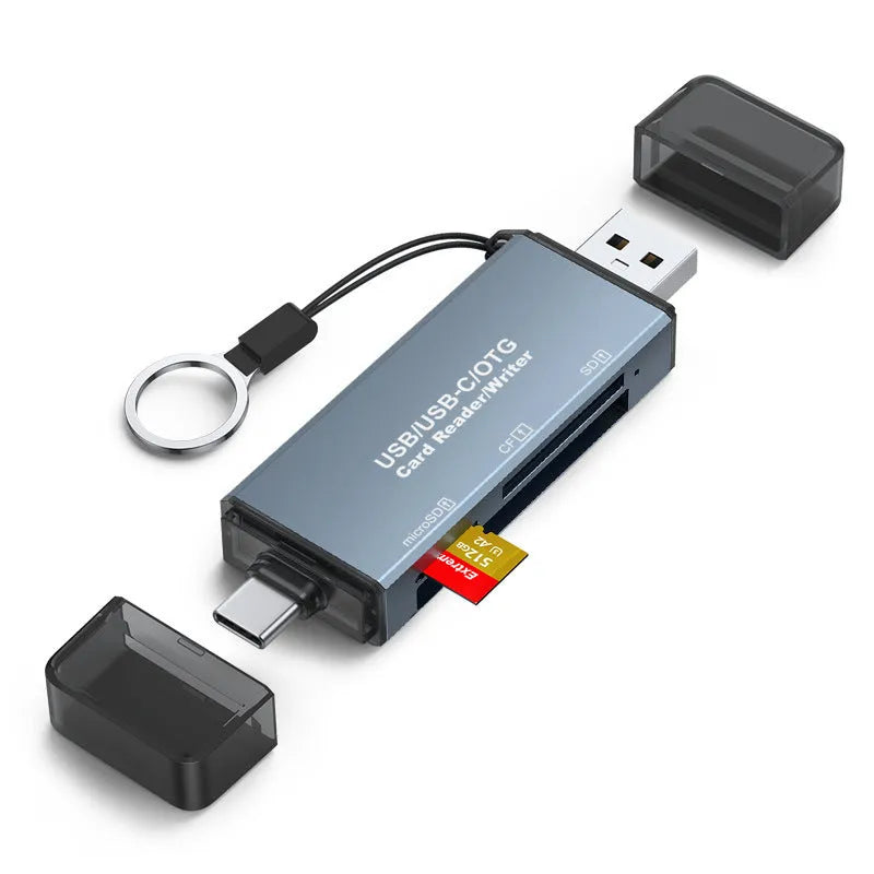 CF SD TF three-in-one USB card reader with aluminium casing showing memory card slots