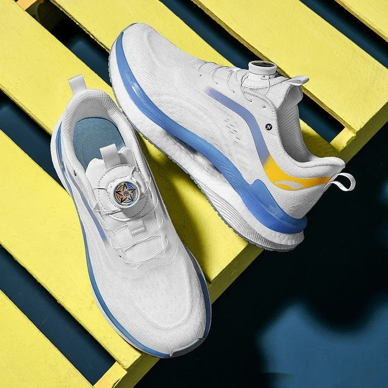Men's high-top breathable running shoes with popcorn sole and buckle fastening in cotton candy colour