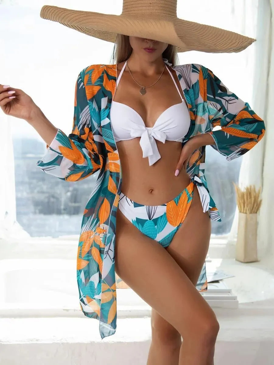 Women's three-piece mesh detail bikini swimsuit set with separate coat in six colour options