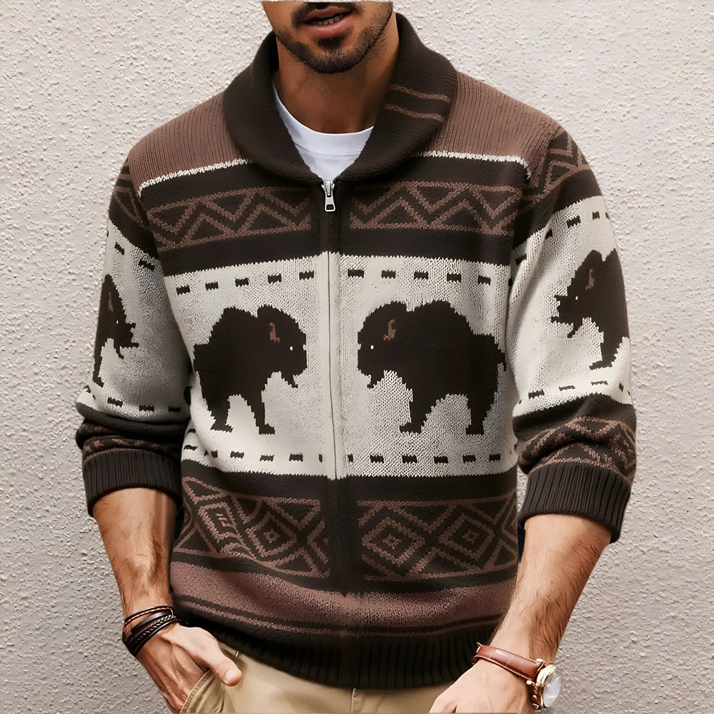 Men's brown retro jacquard knit cardigan with long sleeves, thickened polyester fabric, straight fit