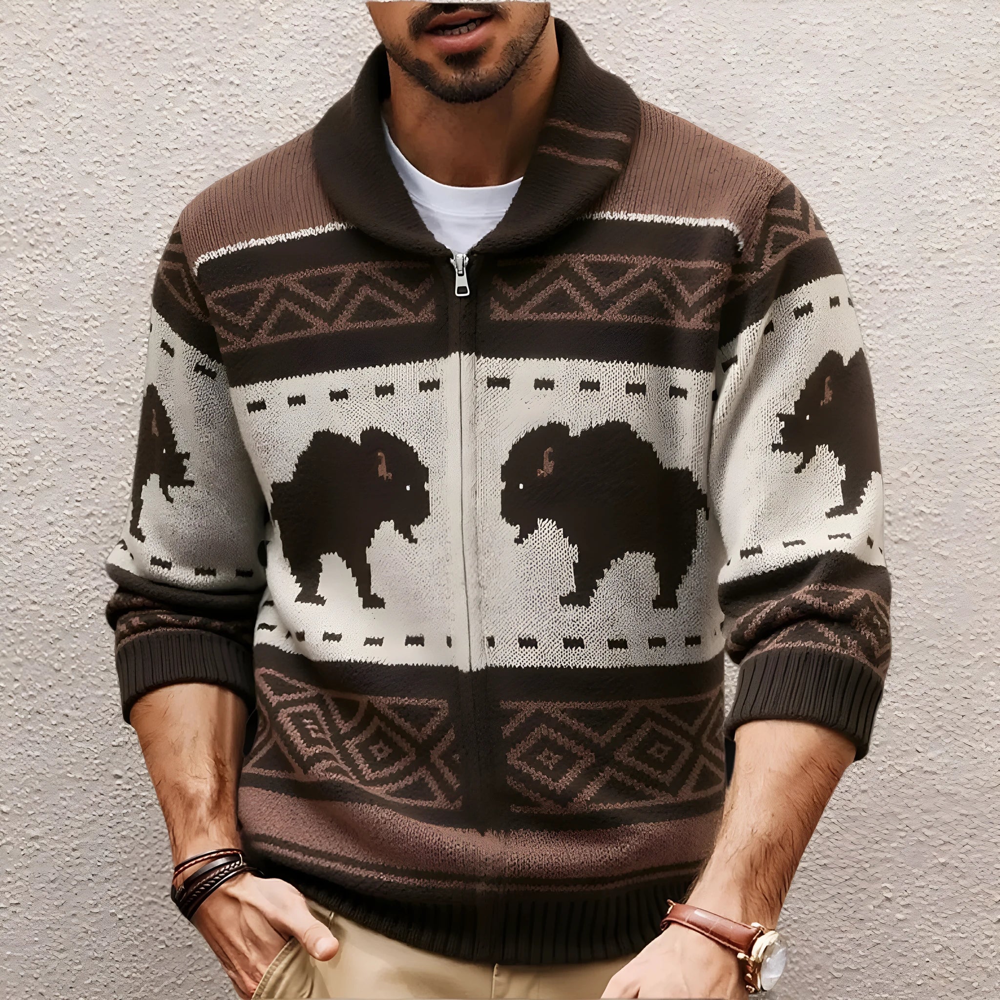 Men's brown retro jacquard knit cardigan with long sleeves, thickened polyester fabric, straight fit