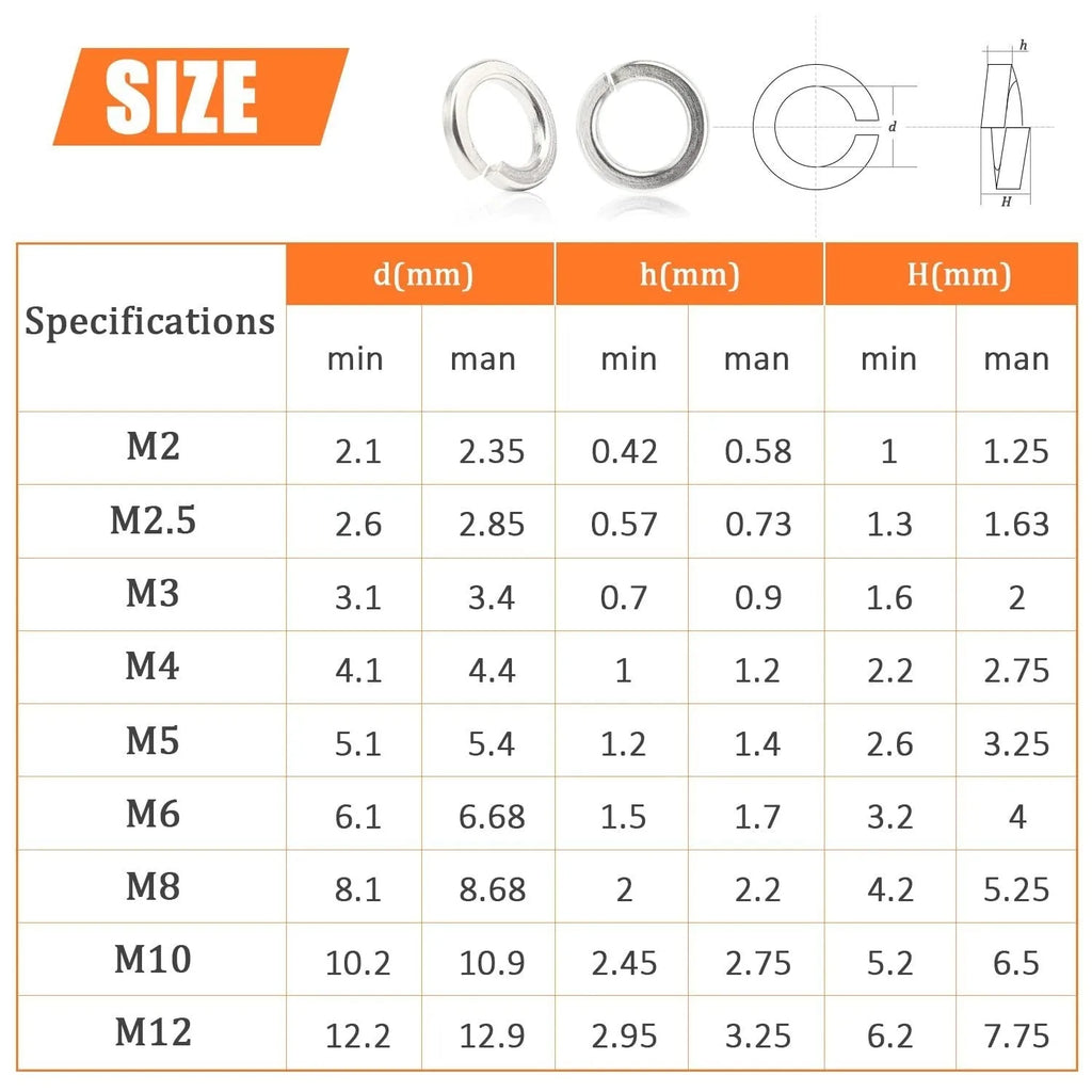 304 stainless steel spring lock washer combination box with 900 pieces in assorted sizes from M2 to M12