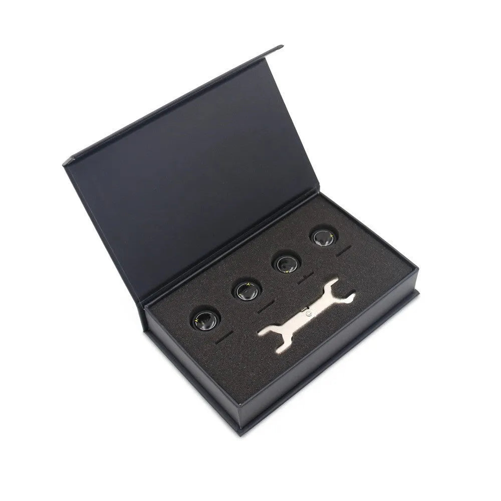 Bluetooth 5.0 automotive tyre pressure monitor with four black sensors and installation tools