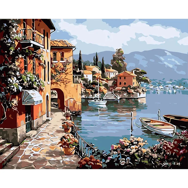 Hand-painted rimless landscape oil painting on linen canvas for modern living room decoration.