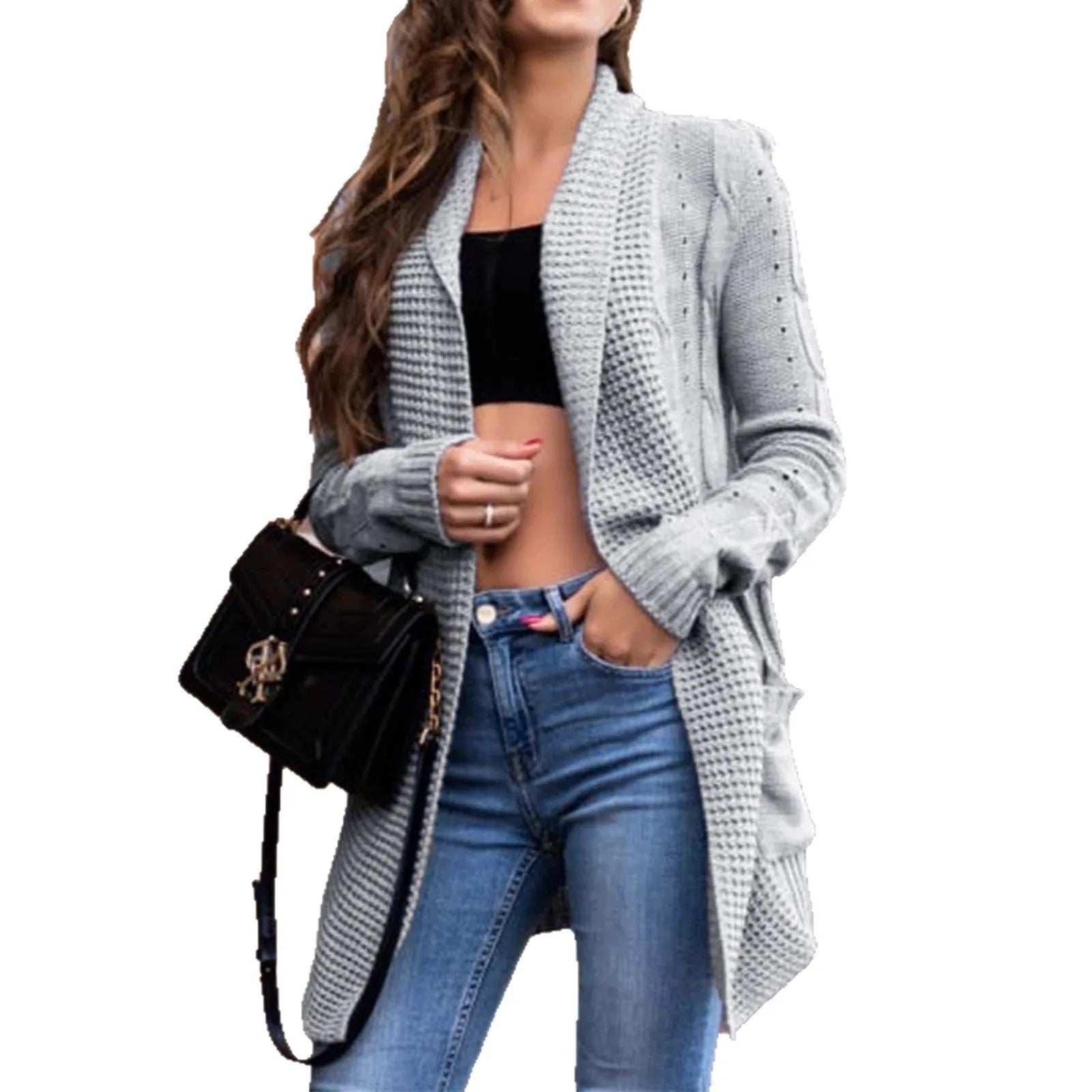 Grey loose-fitting women's cardigan coat with long sleeves and pockets.