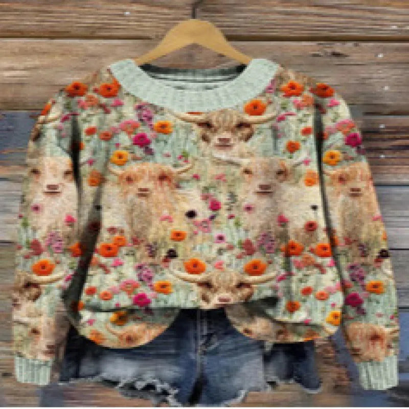 Women's Little Flower digital printed floral pattern round neck long sleeve polyester sweater