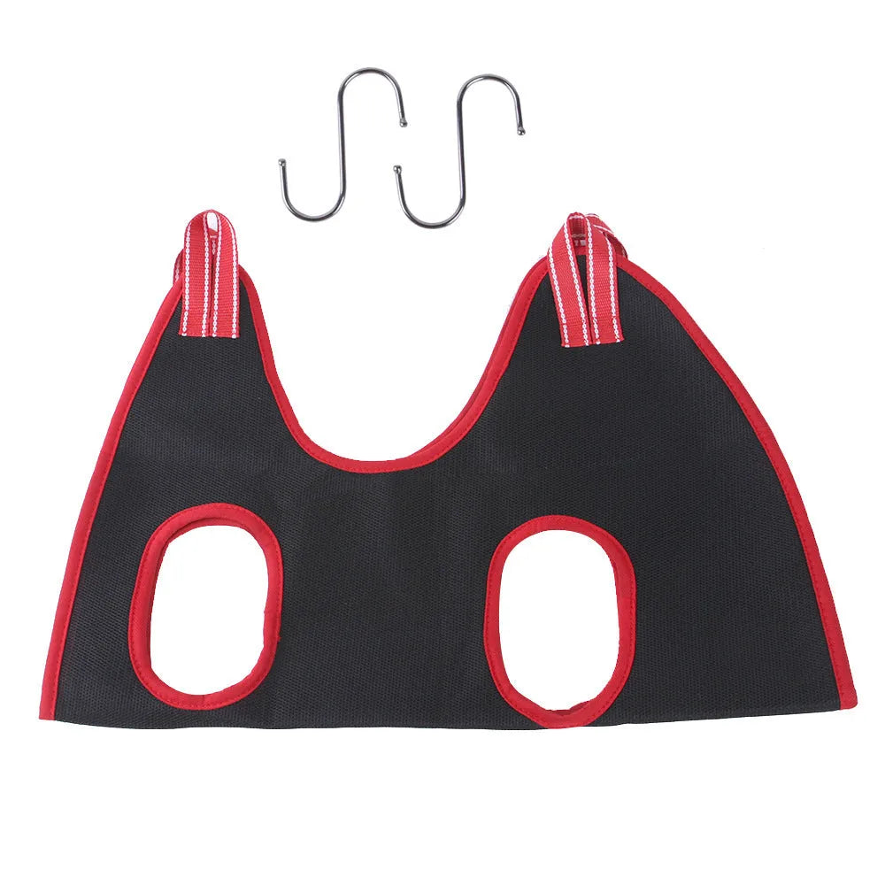 Pet cat and dog grooming hammock restraint bag in a hanging set for nail cutting and bath trimming.