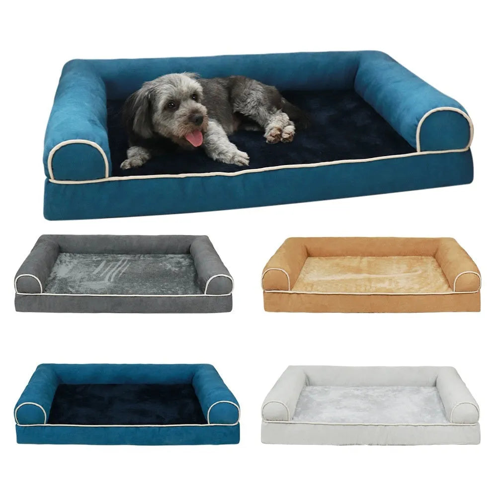 Breathable square sponge dog bed for pets in blue colour, shown in a home setting.