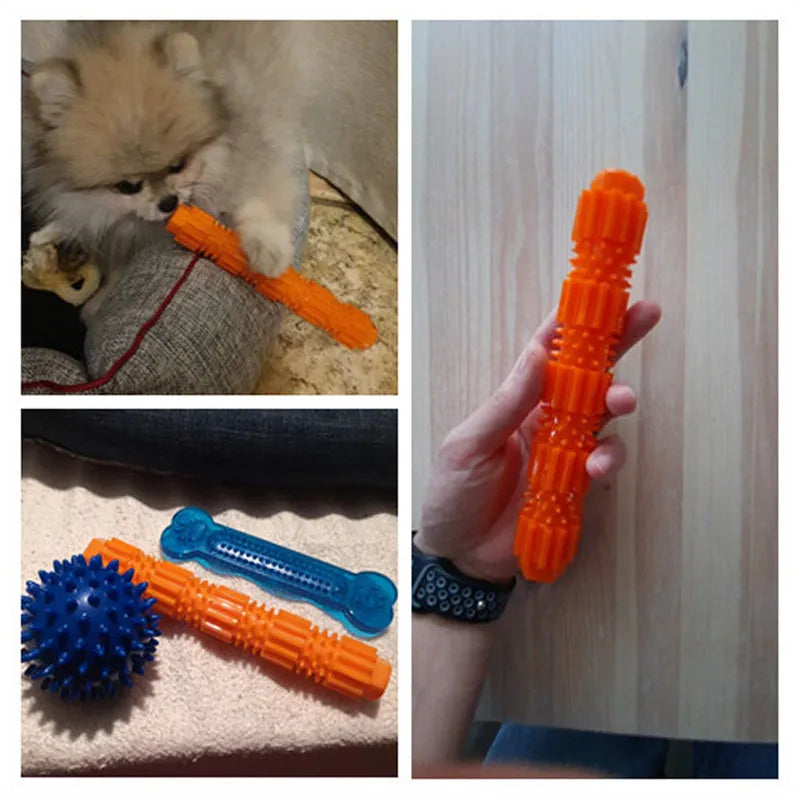 Green and orange rubber dog chew toy with treat dispensing opening and textured surface for aggressive chewers