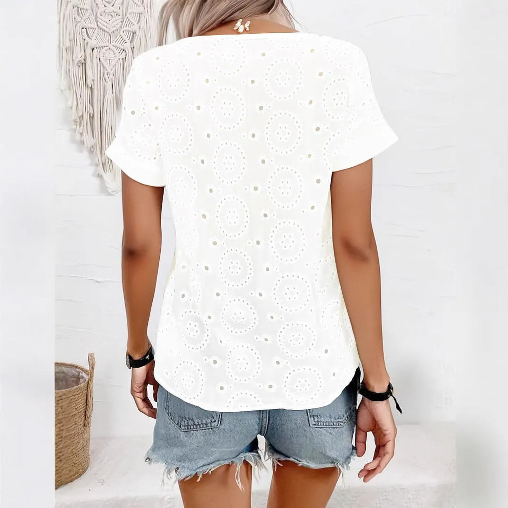 Women's white hollow-out V-neck T-shirt with loose fit and short sleeves