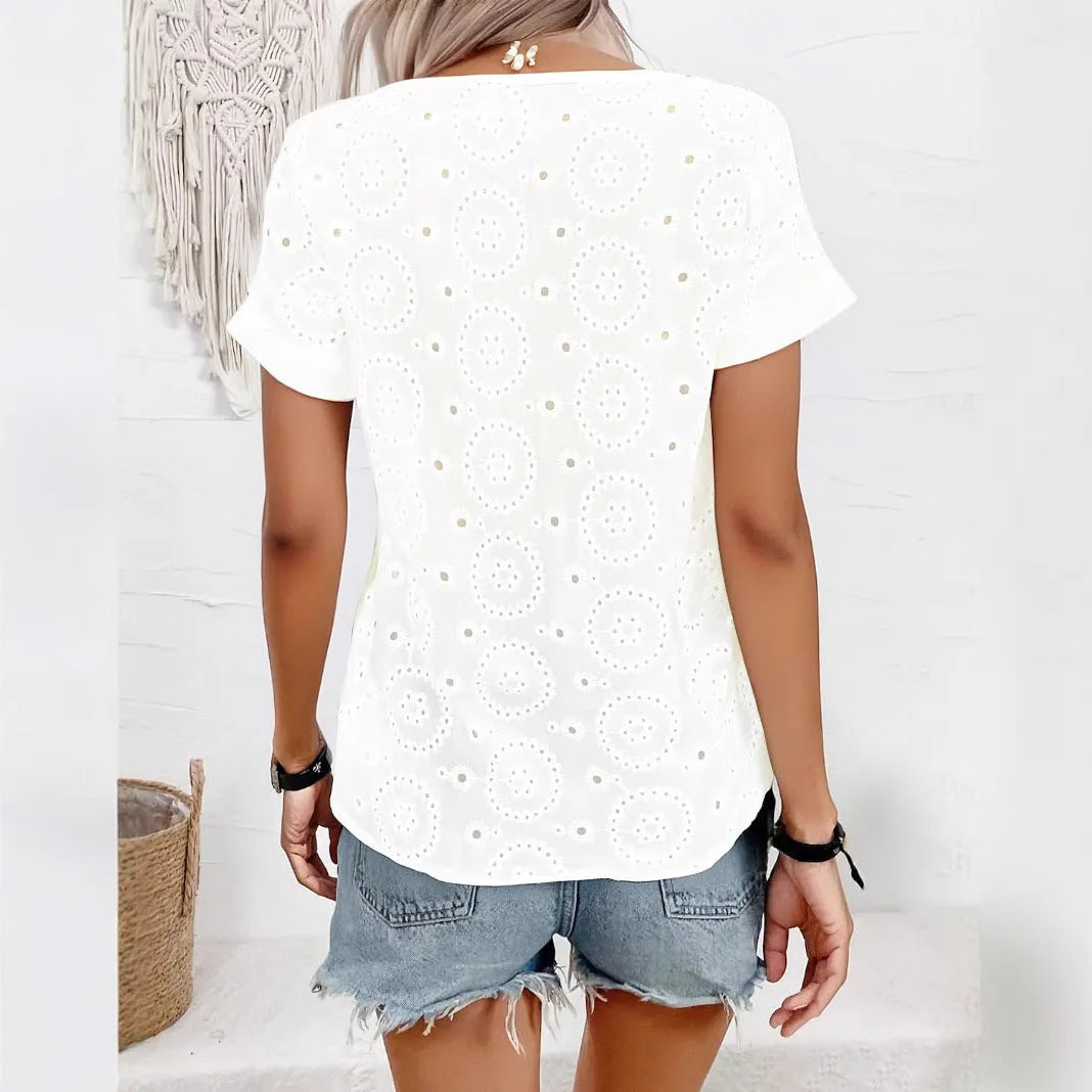 Women's white hollow-out V-neck T-shirt with loose fit and short sleeves