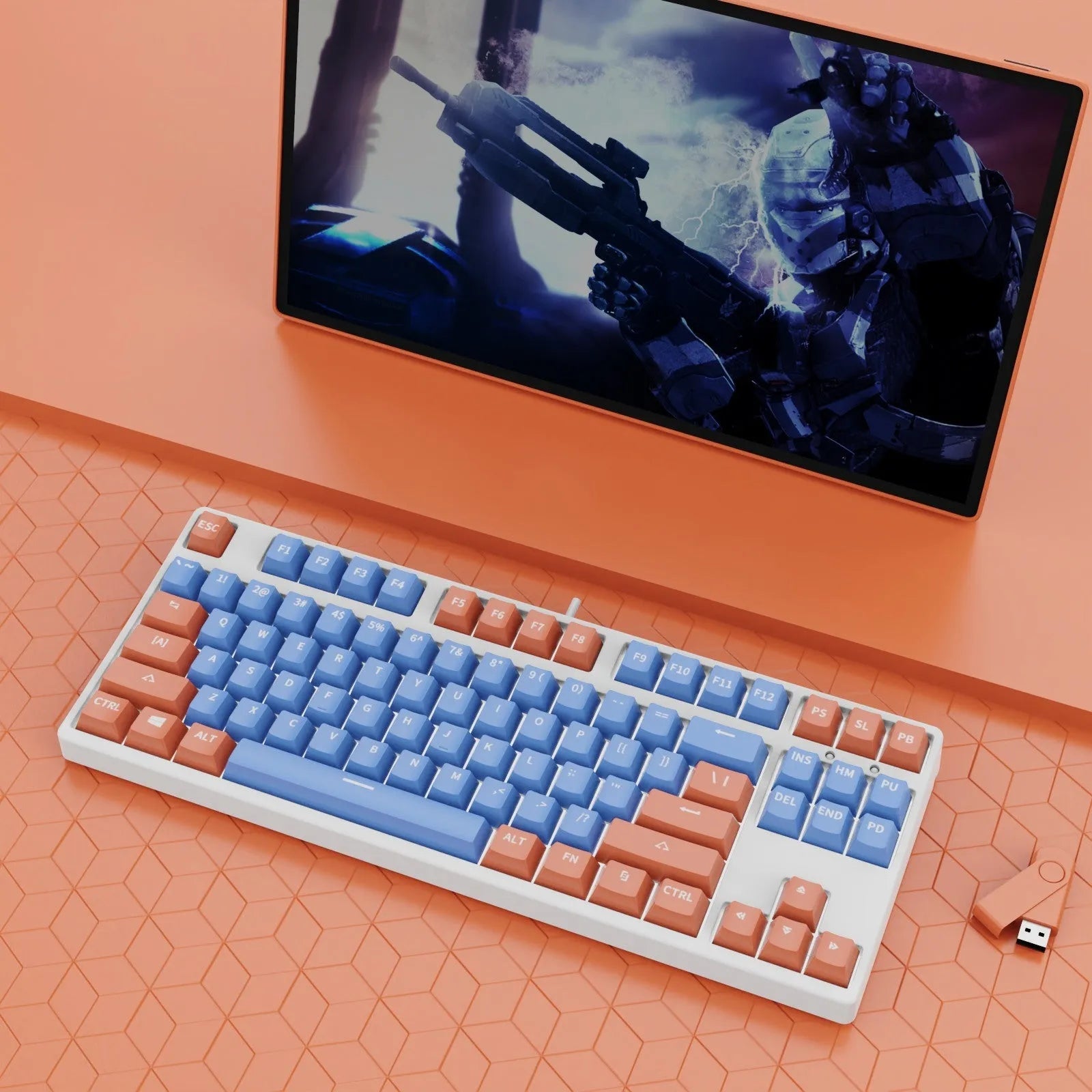 87-key wired mechanical gaming keyboard with colourful keycaps on a metal frame, shown with key puller and cable.