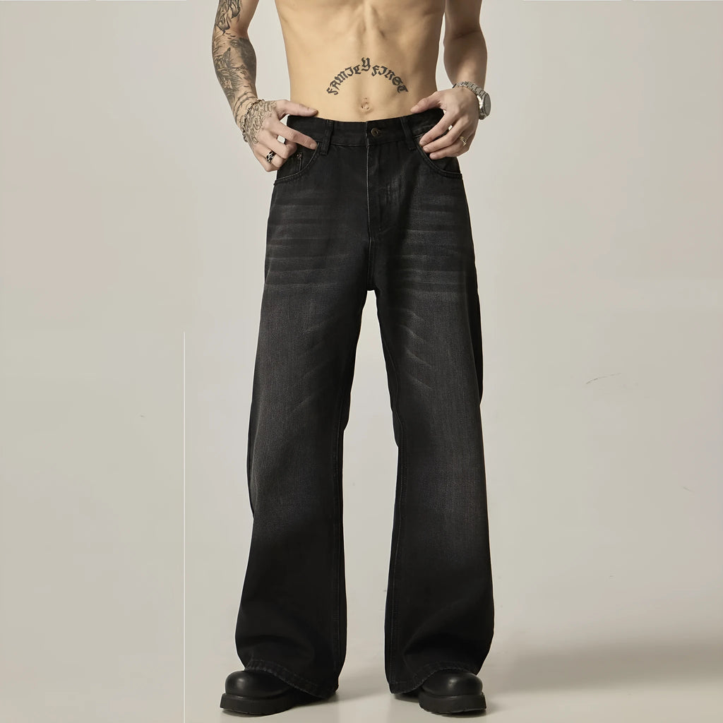 American retro black loose straight-leg jeans with zipper fly on mannequin