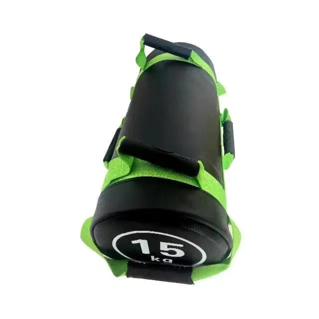 Flat white PVC fitness training sandbag with weight options from 5kg to 30kg for strength workouts