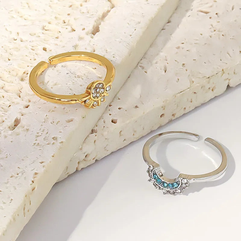Sun And Moon diamond-studded alloy geometric couple ring set with sun and moon motifs