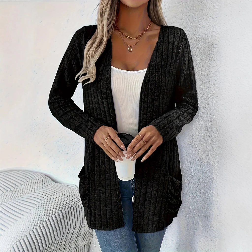 Solid colour long sleeve cardigan with front pockets, loose fit polyester knitwear