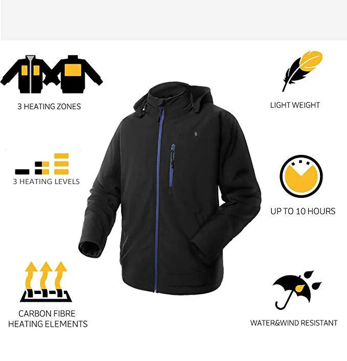 Black USB heated waterproof winter coat for men with long sleeves and zipper pockets.