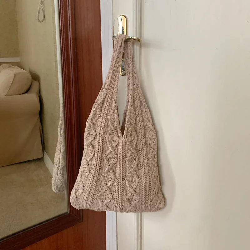 Retro hollow knitted women's shoulder tote bag in polyester yarn with double straps