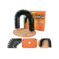 A white plastic cat grooming arch with built-in brush bristles for scratching and self-grooming.