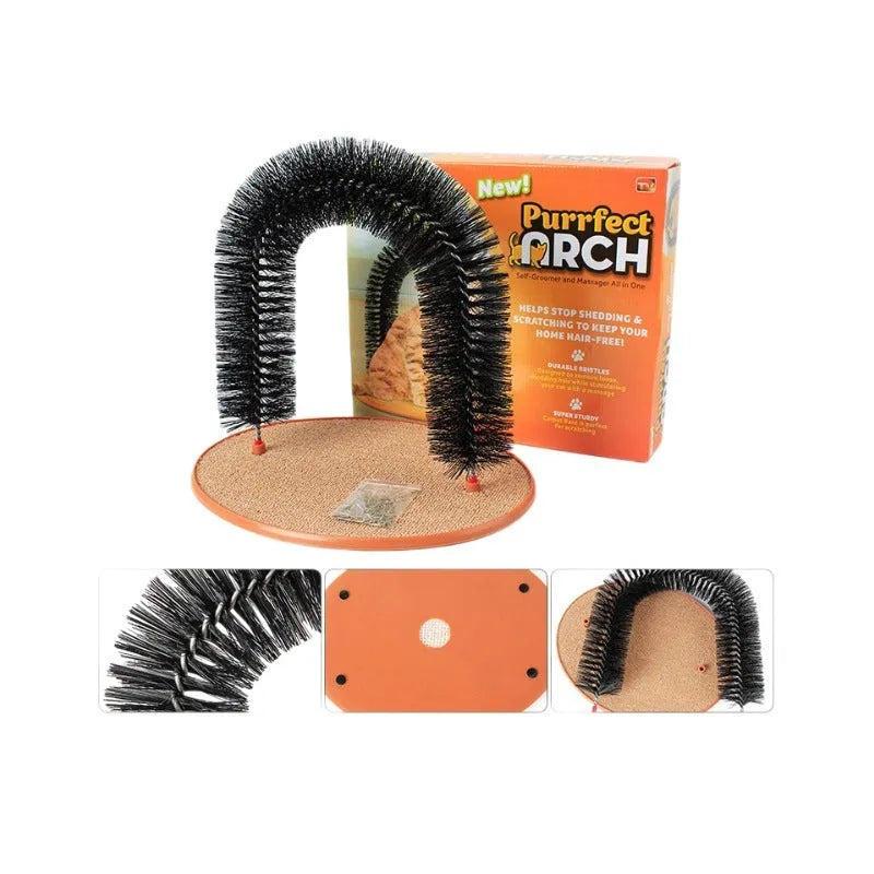 A white plastic cat grooming arch with built-in brush bristles for scratching and self-grooming.