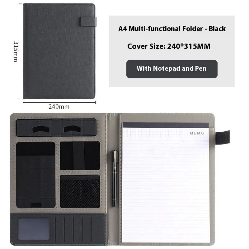 Leather A4 business folder in black, grey or blue with document storage and accessory options