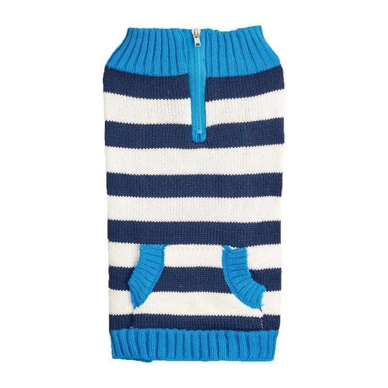 Grey dog sweater with blue collar, horizontal zipper, and a buttoned chest pocket on a small dog.