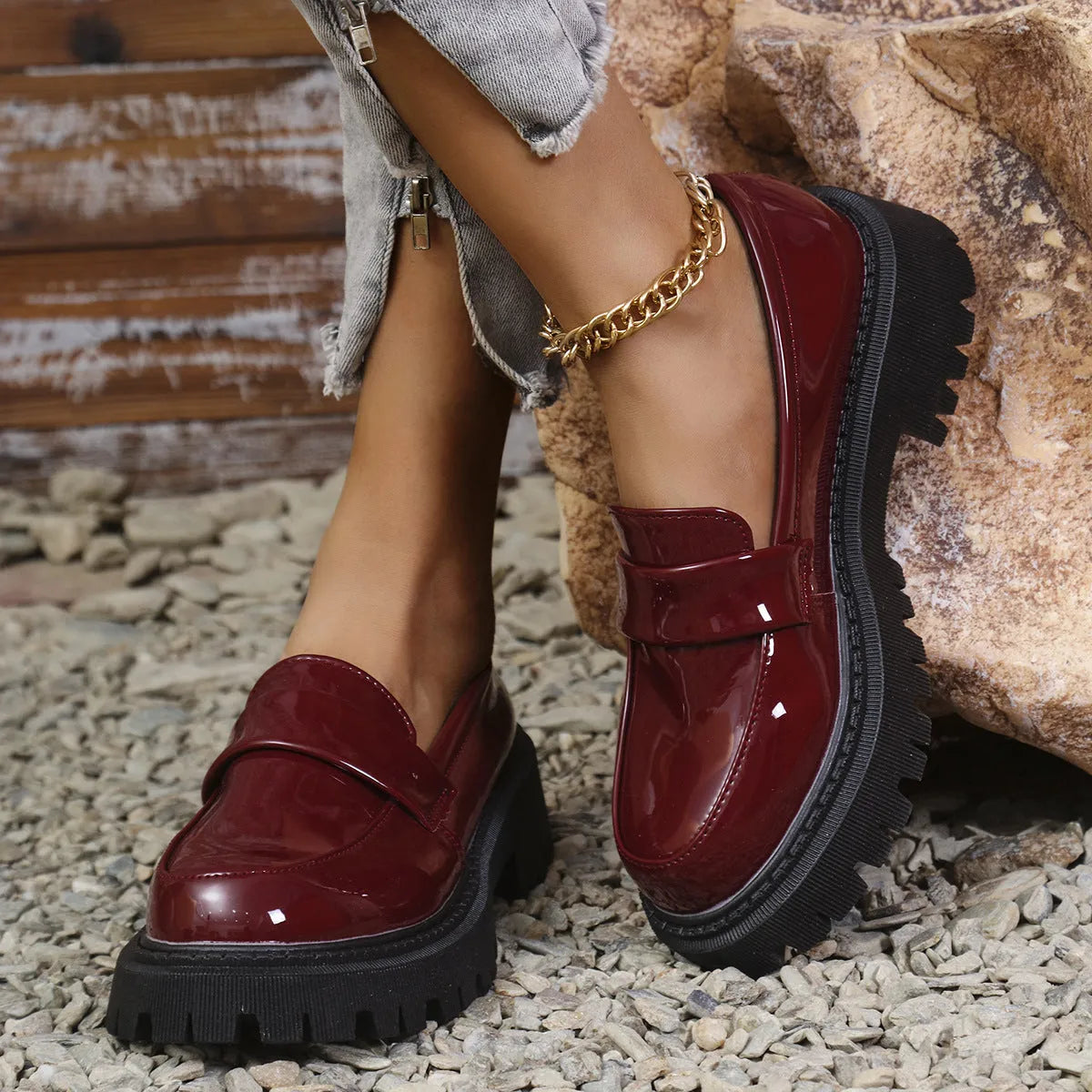Women's slip-on loafers with chunky platform heel in black, wine red, or green