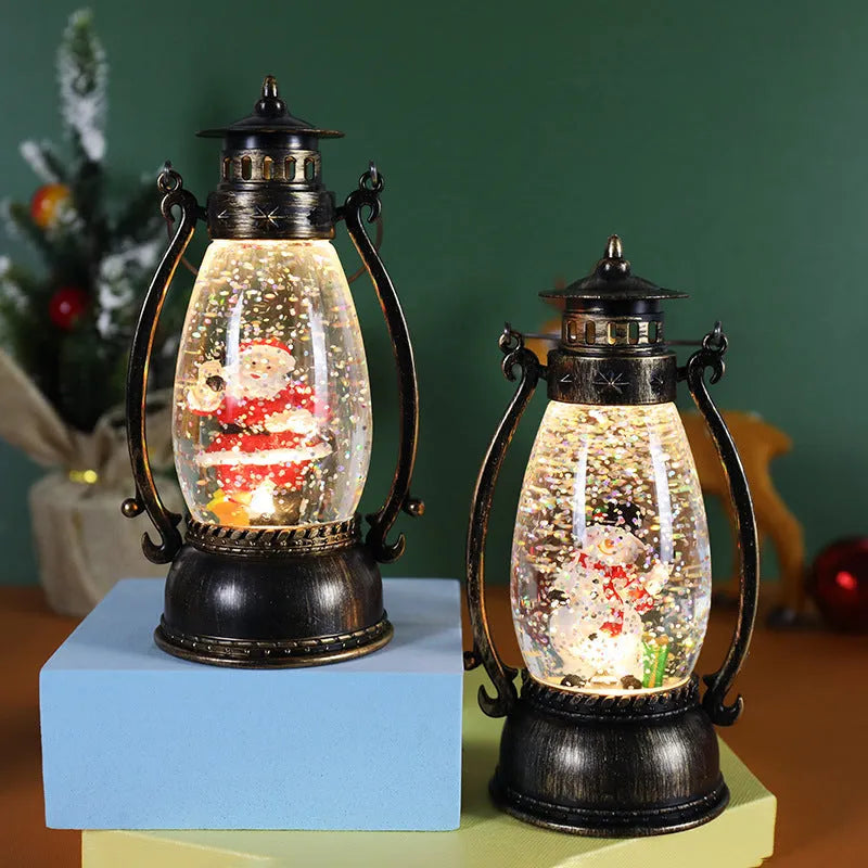 Plastic crystal ball oil lamp Christmas ornament with light-up feature in snowman and elderly figure styles
