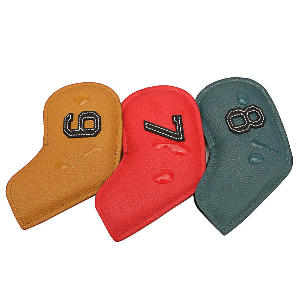 Set of 10 digitally printed PU golf club head covers in various colours
