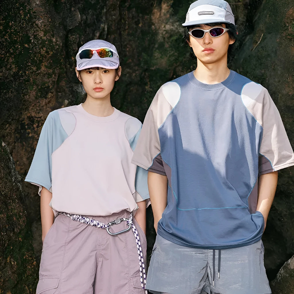 Men's patchwork contrast colour sports t-shirt in loose fit with short sleeves