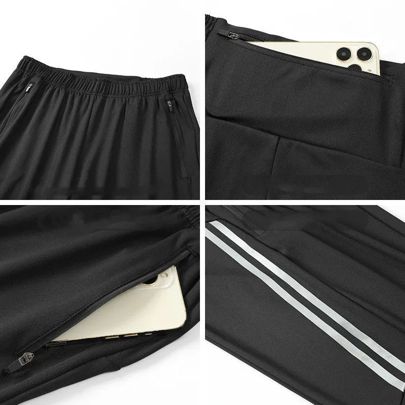 Men's black running trousers with mid waist design and polyester fabric for exercise