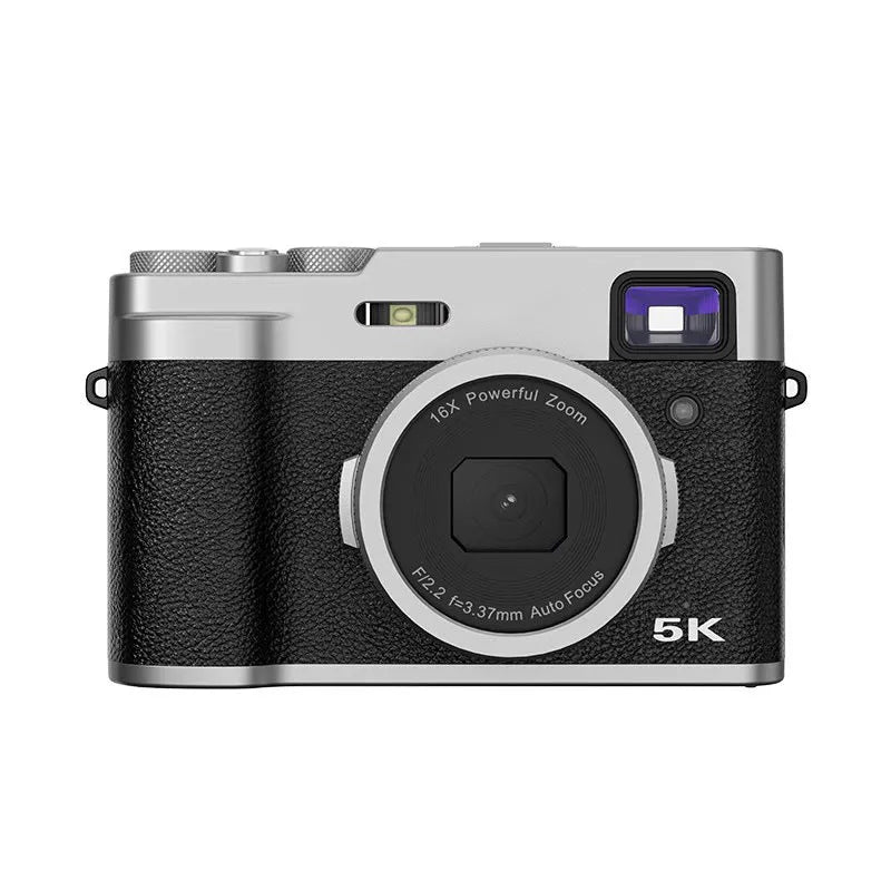 Black 5K HD digital camera with dual lenses, optical viewfinder, and 2.88-inch screen on a table