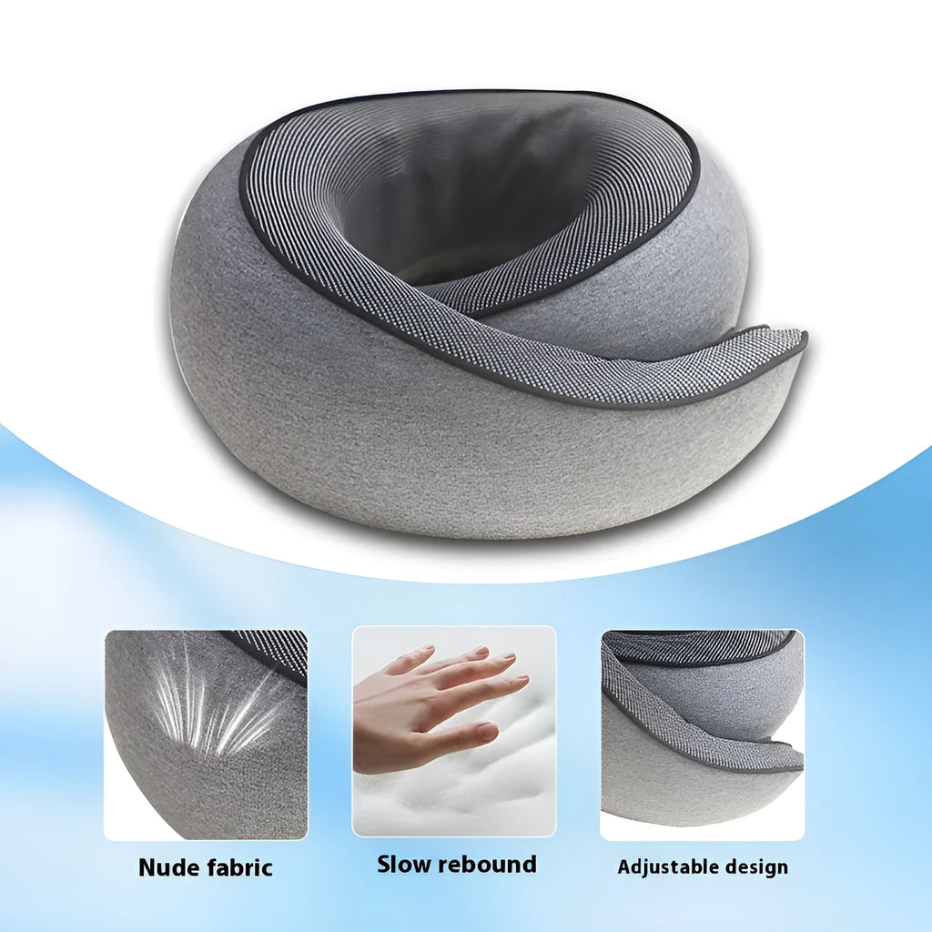 U-shaped memory foam travel neck pillow in grey with a storage bag.