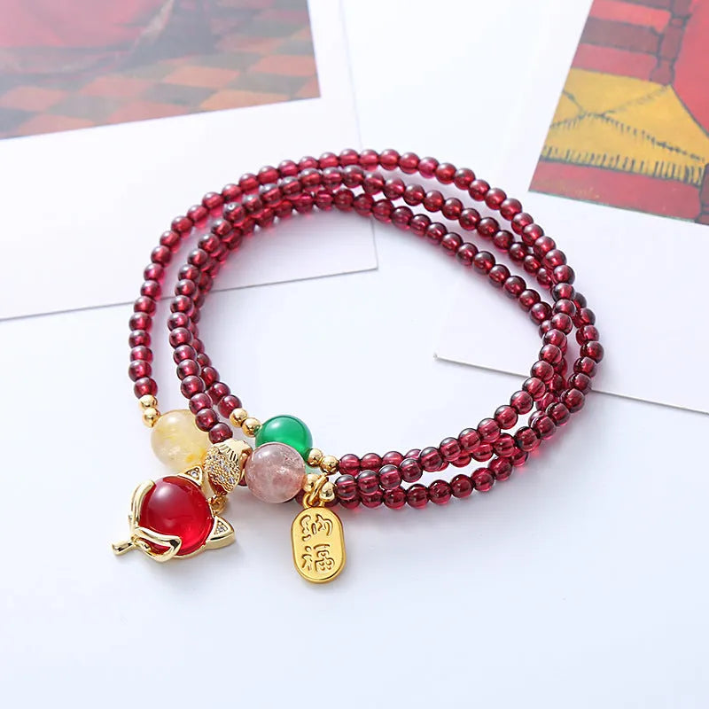 Natural garnet crystal fox bracelet for women in purplish red with adjustable rope
