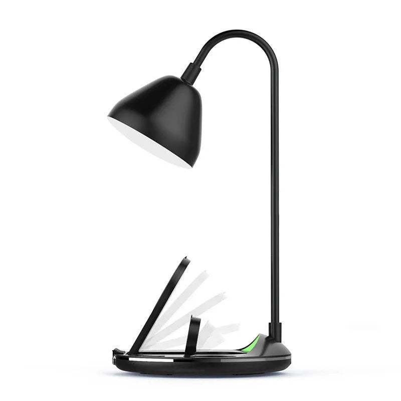 Black magnetic folding wireless charger showing both flat and upright positions with smartphone attached