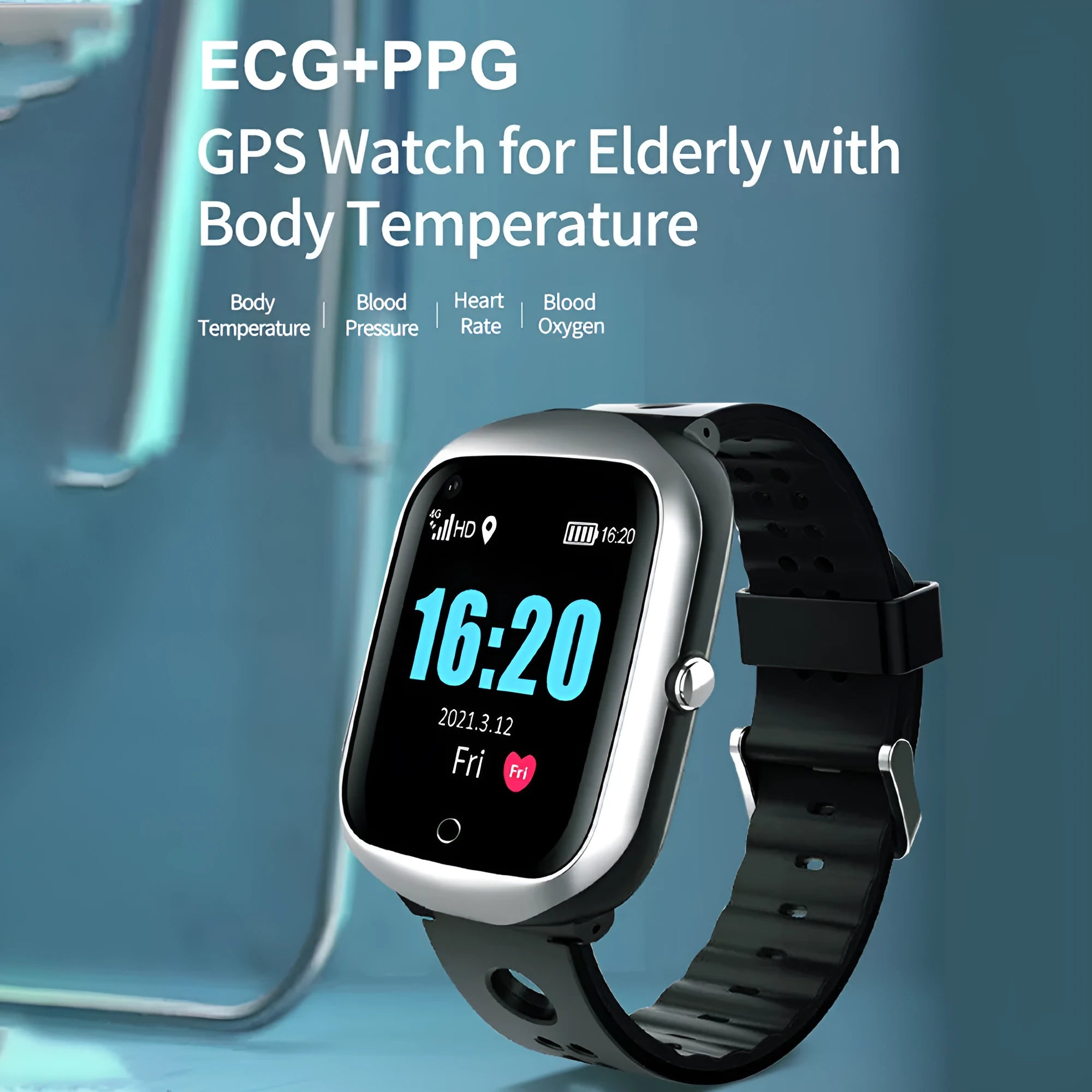 Square elderly smartwatch with GPS positioning and cellular calling on silicone strap