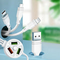 PDPVC mobile phone charging cable with three connector types showing USB, Micro USB and TYPE-C interfaces