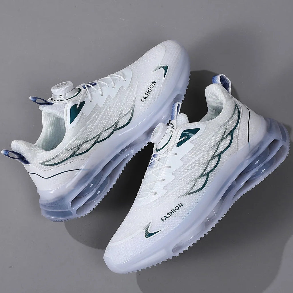 Men's white low-top casual running shoes with a rotating button lace system and mesh upper.