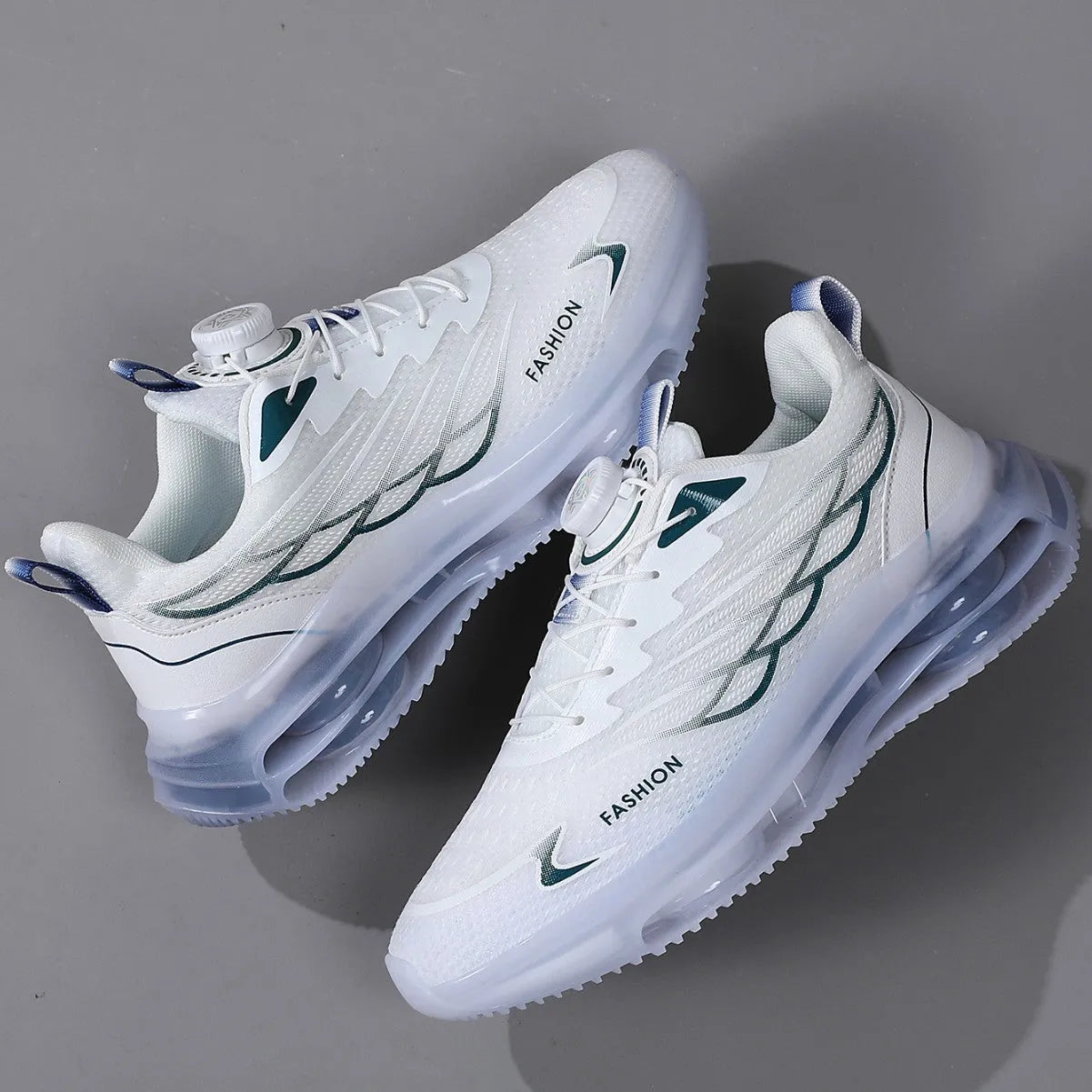 Men's white low-top casual running shoes with a rotating button lace system and mesh upper.