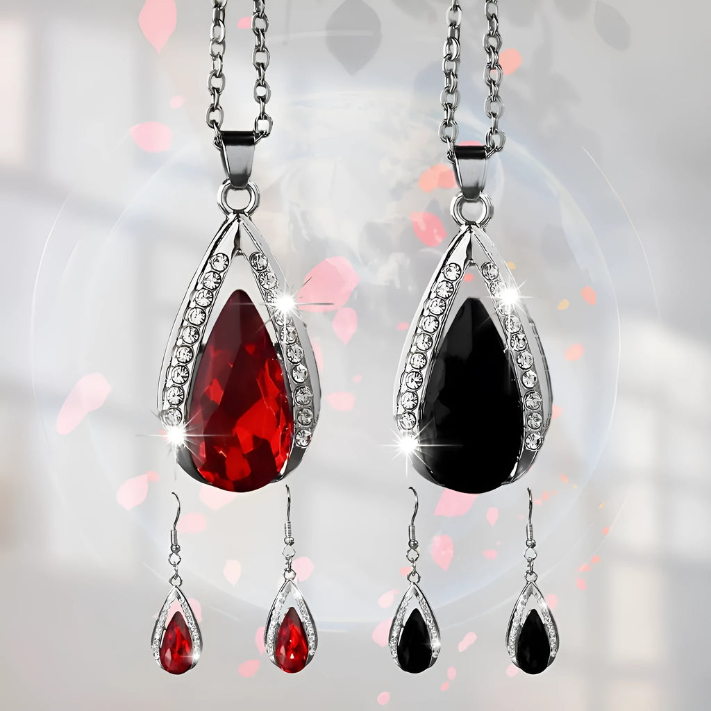 Black and red teardrop glass pendant necklace and matching earrings jewellery set.