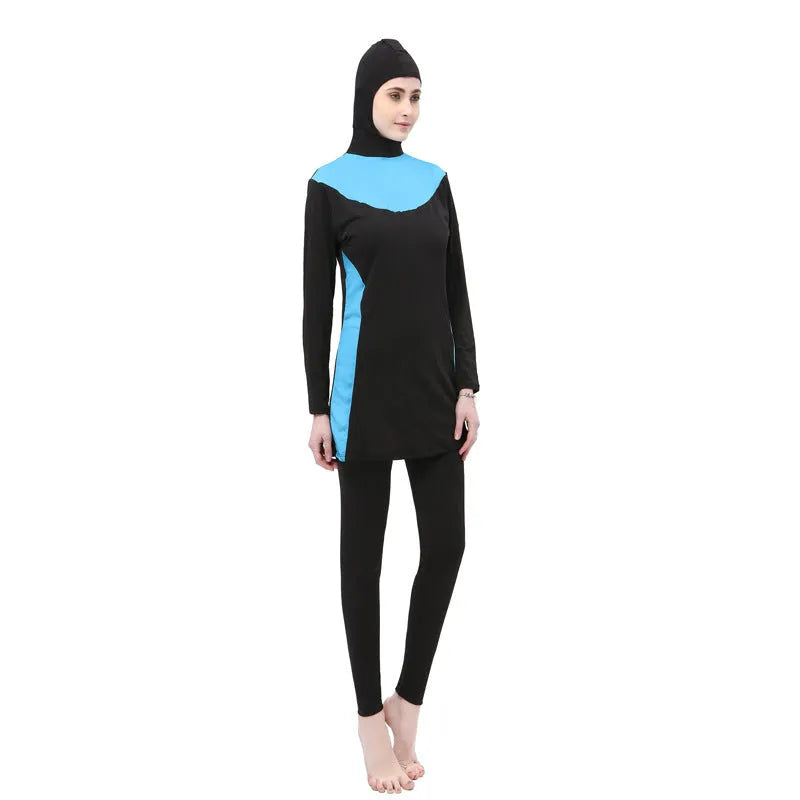 Conservative women's hooded long sleeve one-piece swimsuit for swimming, shown in black with rose red colour.