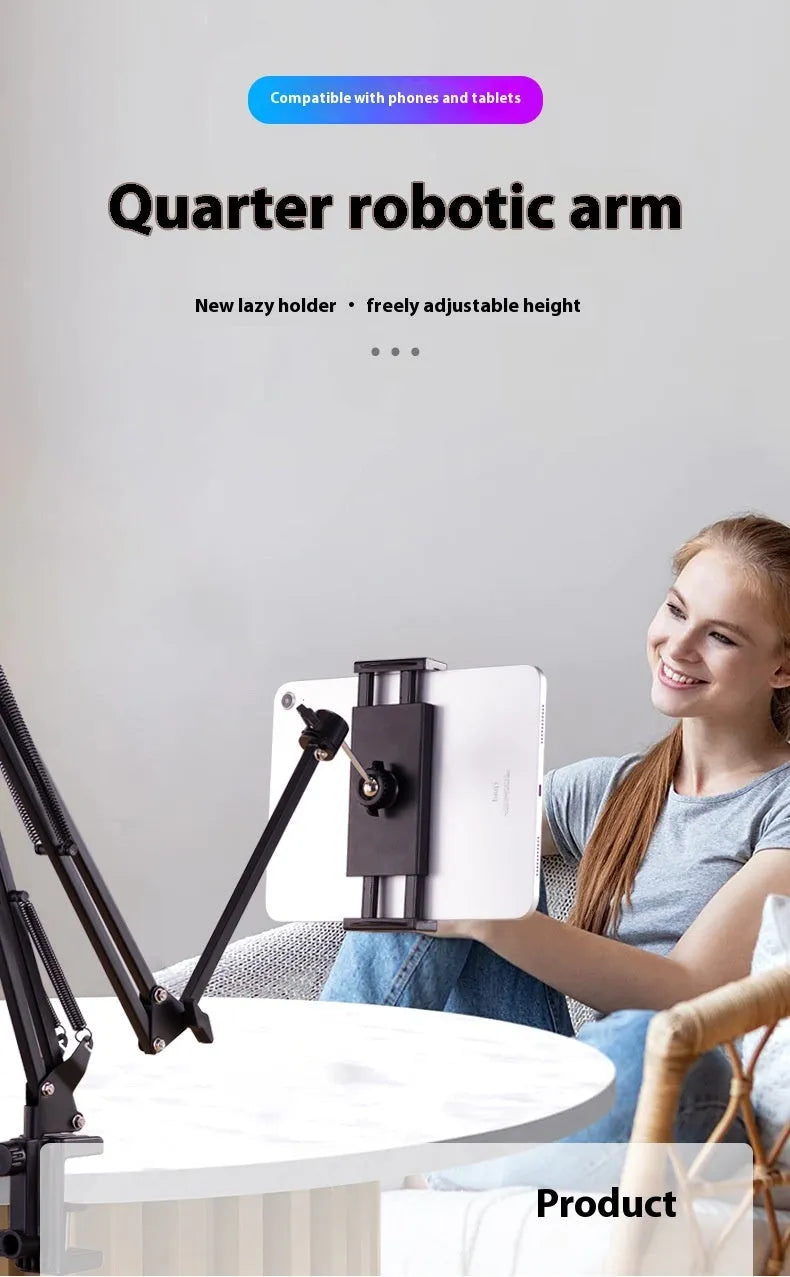 Black foldable metal cantilever bracket holding a tablet on a desktop