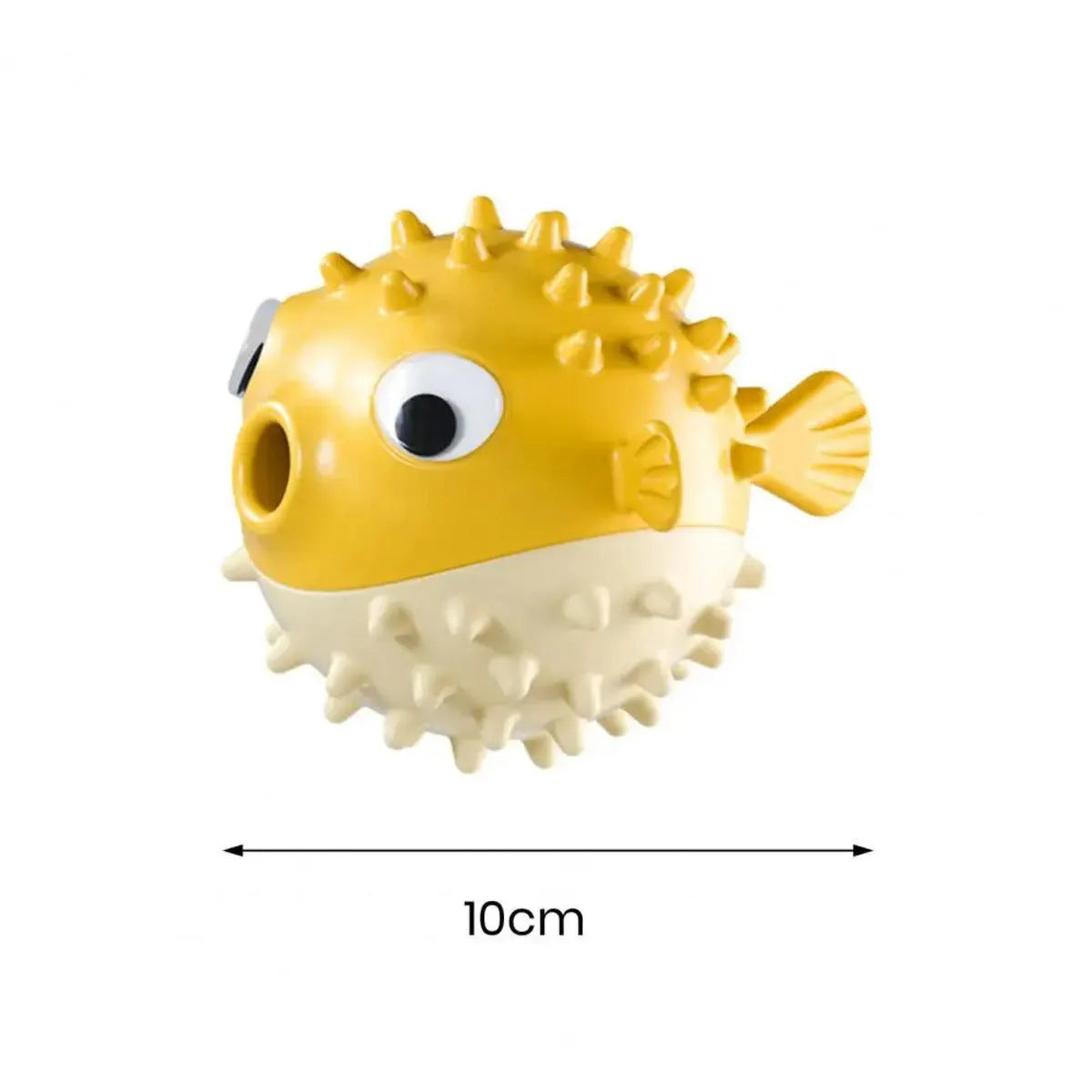 Yellow fish-shaped vinyl dog chew toy with textured surface and squeaker for aggressive chewers