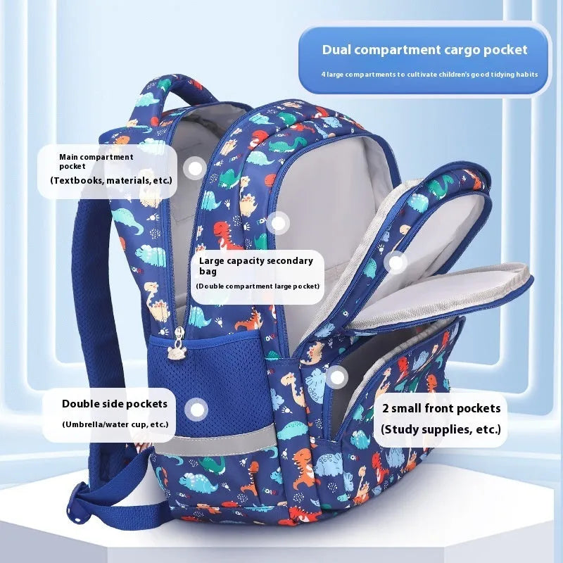 Children's waterproof Oxford cloth school backpack in a choice of dinosaur, rainbow, starry sky, and geometric designs.