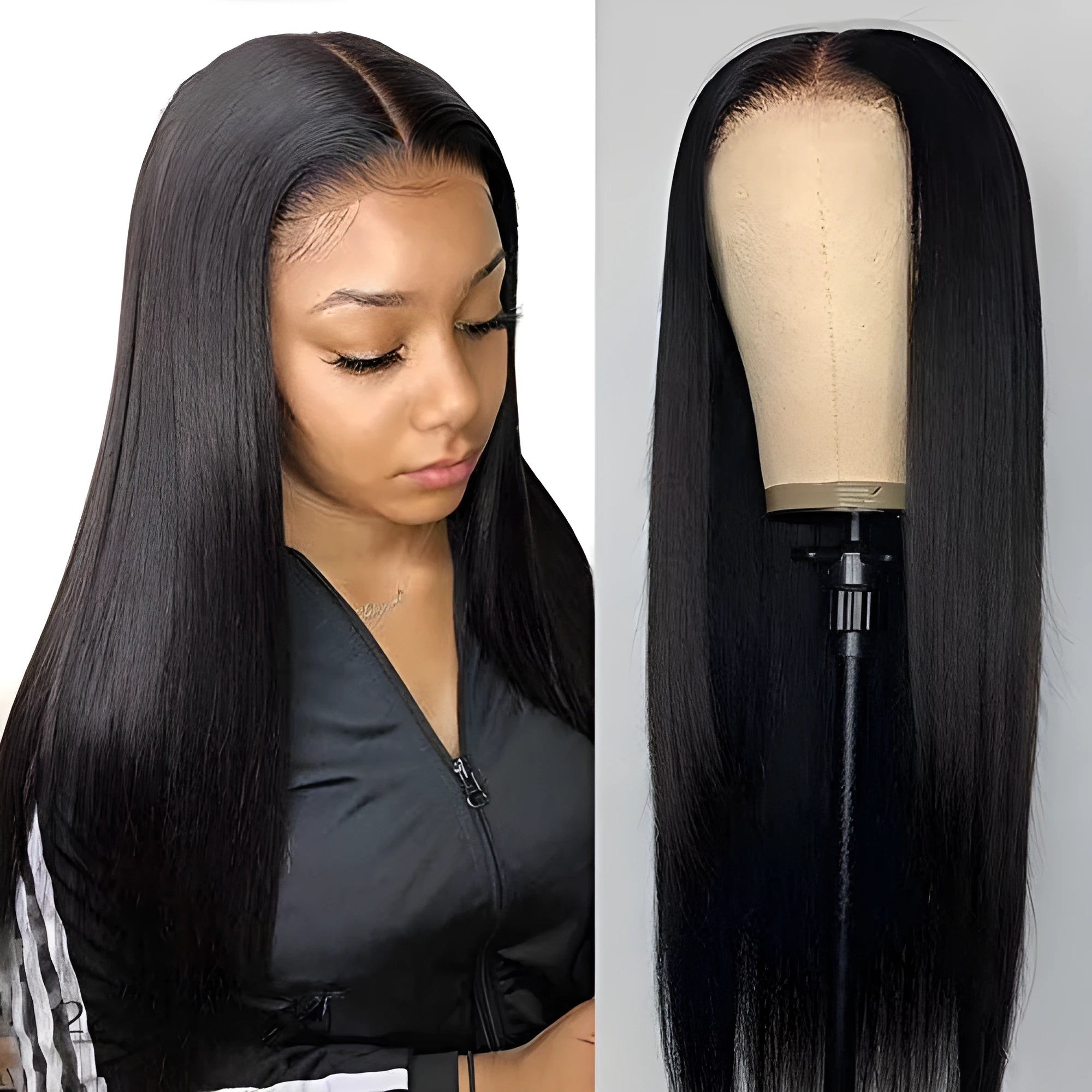 Brazilian straight human hair front lace wig in black, 4x1 lace construction on mannequin head