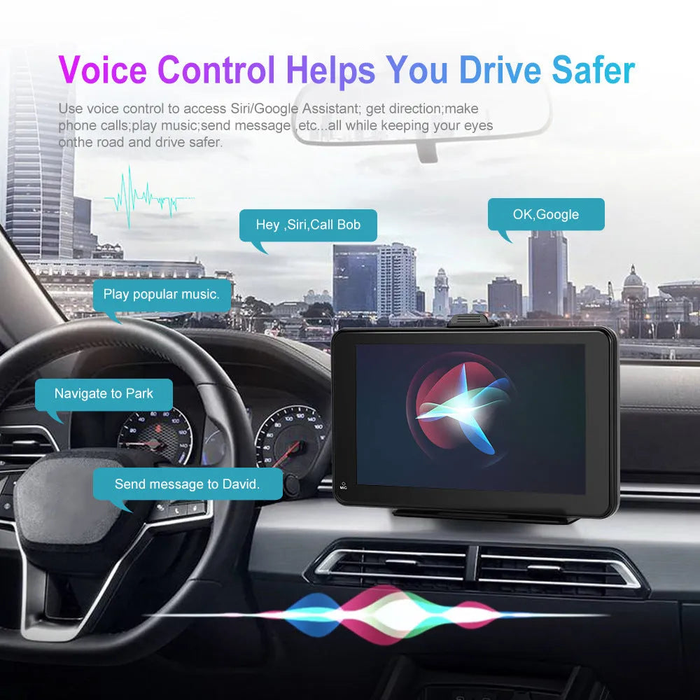 7-inch HD wired car dashboard smart player with screen showing multilingual menu options