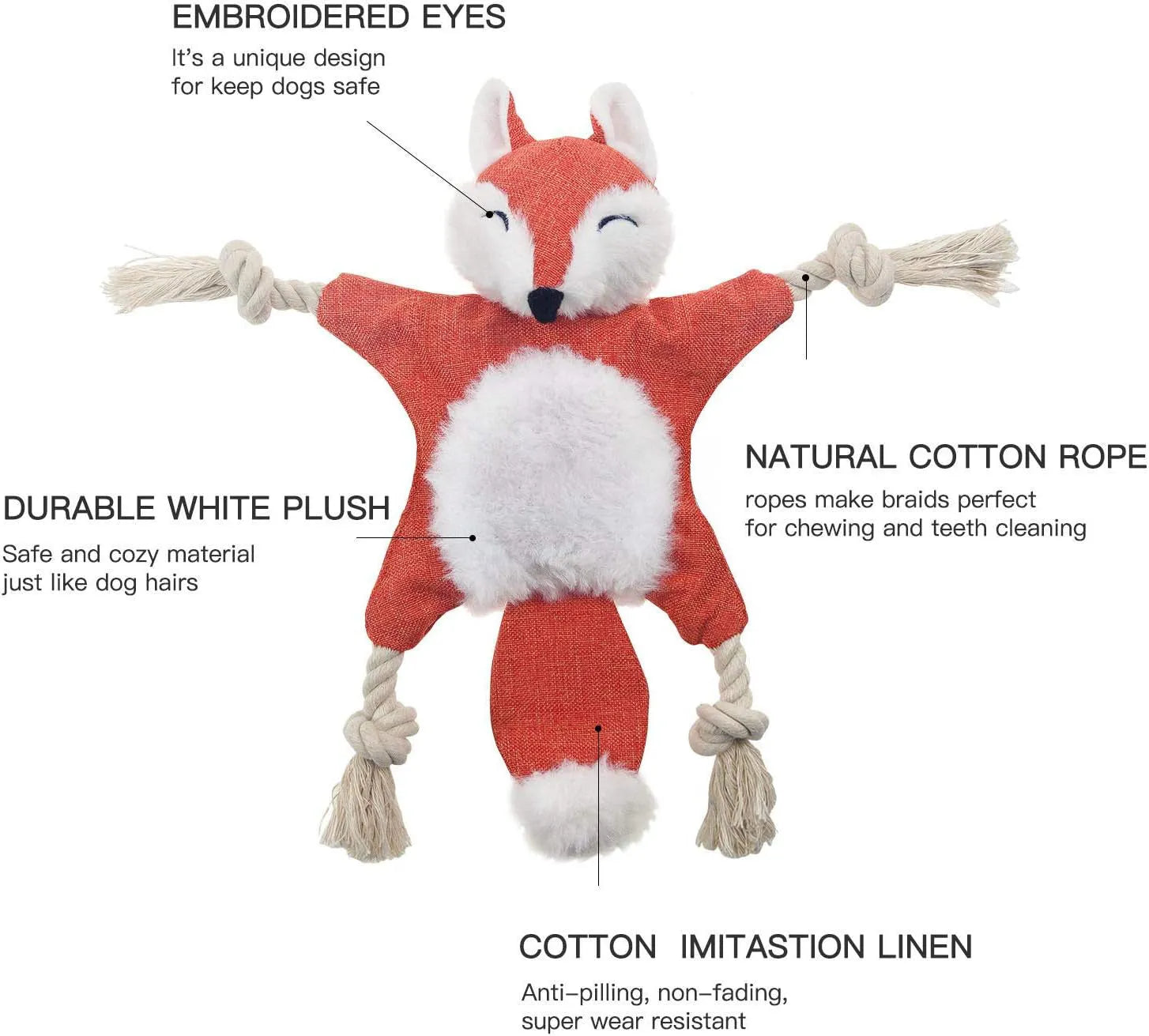 Brown fox-shaped plush dog toy with cotton rope arms and legs and embroidered eyes